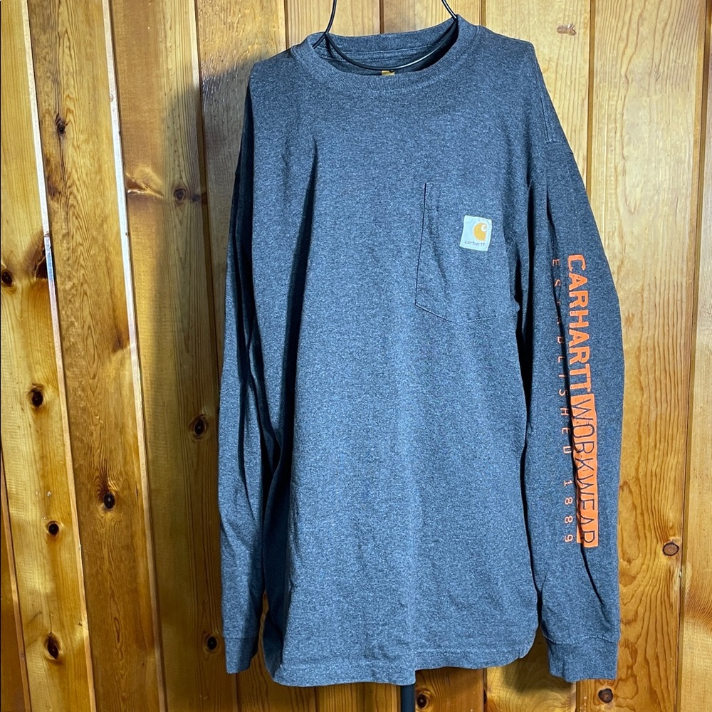 Carhartt Charcoal Long Sleeve with Orange Sleeve Logo size medium men’s outdoor